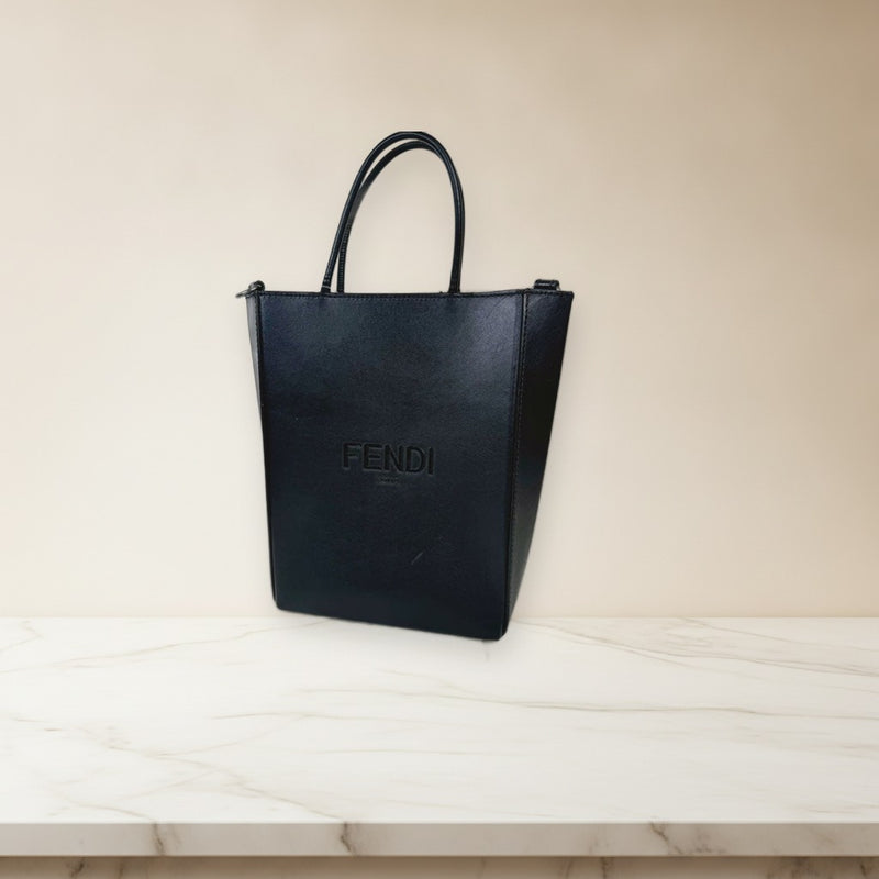 Fendi Small Shopping Bag Mini Tote Handbag Black Leather Magnetic Closure