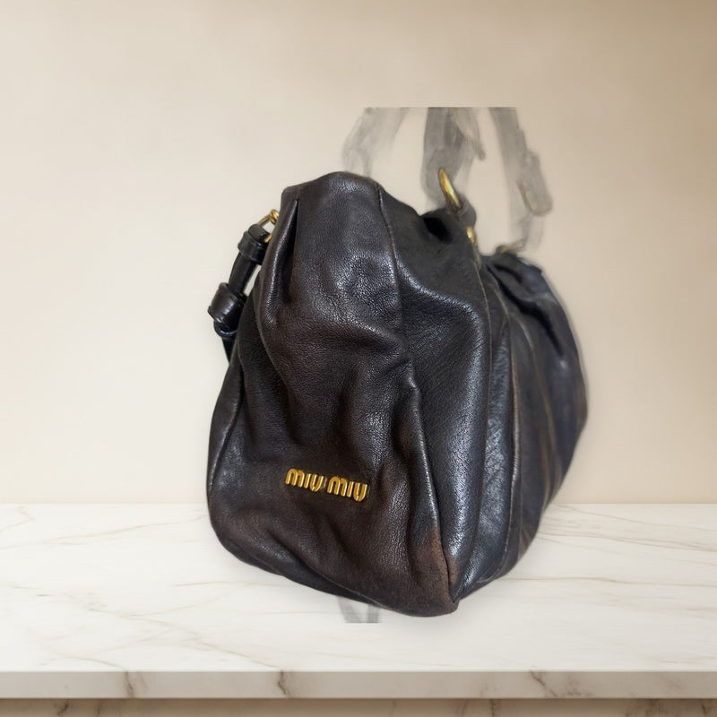 Miu Miu Pleated Handbag Shoulder Bag Dark Brown Leather