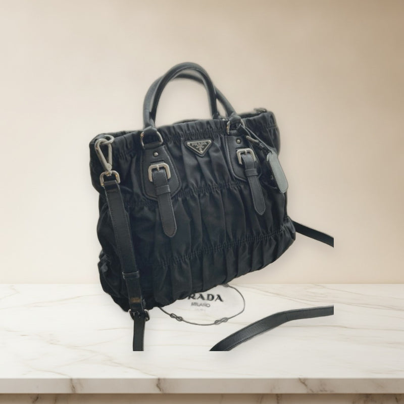 Prada Tessuto Pocono Gather Shoulder Bag Black Nylon Crossbody Bag