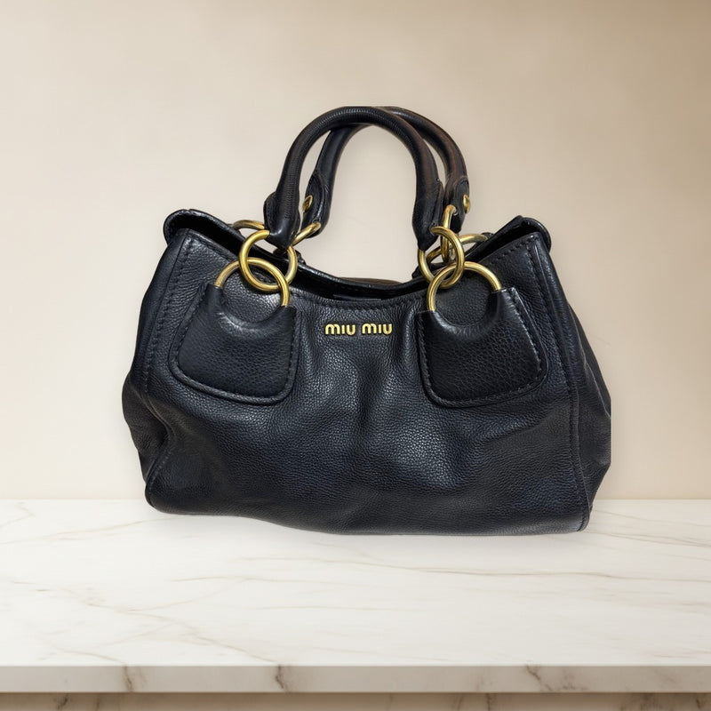 Miu Miu Handbag Tote Shoulder Bag Leather Black Gold Hardware