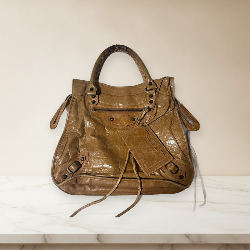 Balenciaga City The First Tote Bag Leather Brown Beige Antique Gold Hardware