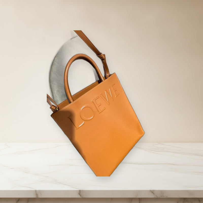 Loewe Tote Bag Shoulder Bag Brown Leather Embossed Logo Handbag
