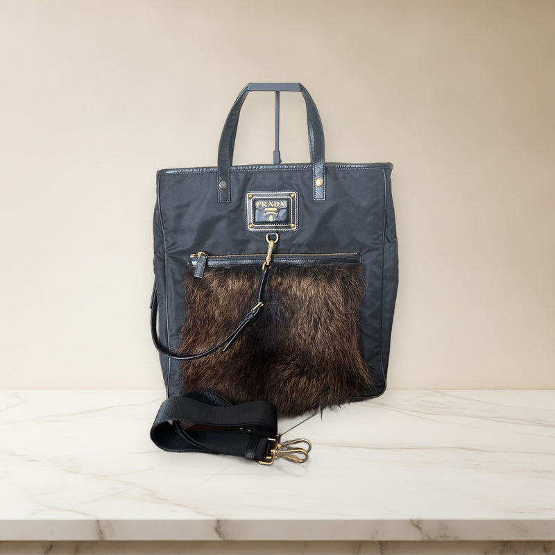 Prada Fur Tote Bag Nylon Leather Raccoon Black Gold Hardware 2WAY Shoulder