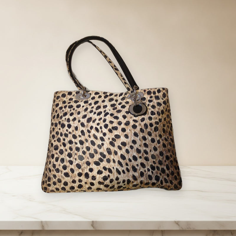 Leopard Print Canvas Plastic Handle Hand Tote Bag Womens Fashion