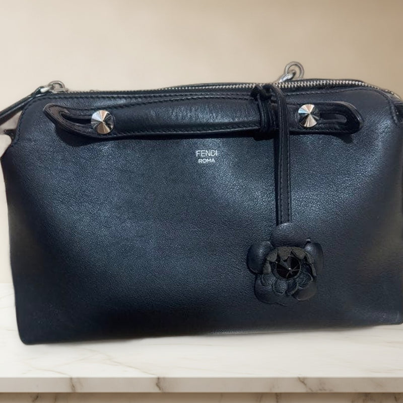 Fendi By The Way Handbag Shoulder Bag Leather Black Floral