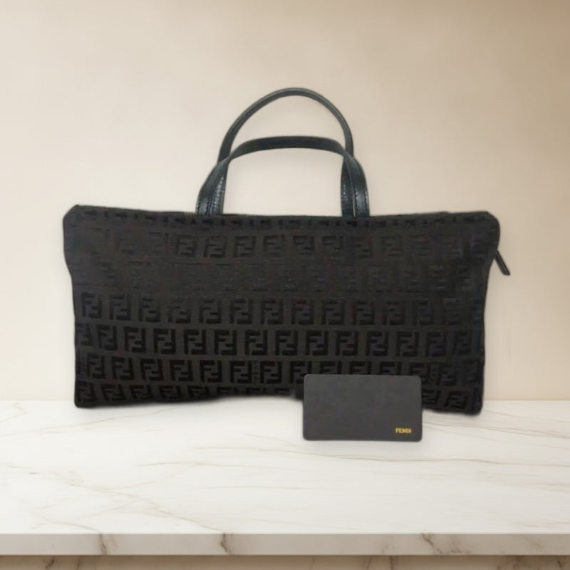 Fendi Zukka Monogram Handbag Tote Bag Brown Black Leather