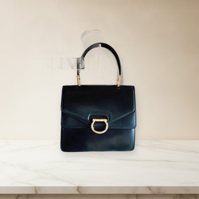Celine Gancini Handbag Leather Dark Navy Red Lining Gold Hardware
