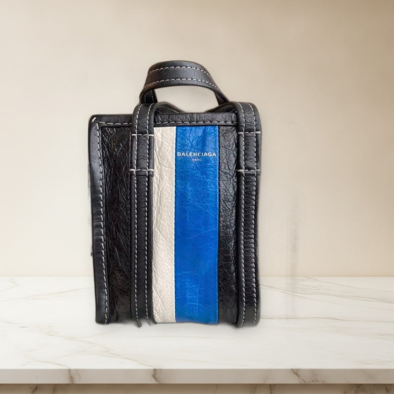Balenciaga Bazar Shopper Xxs 2WAY Handbag Blue White Black Leather