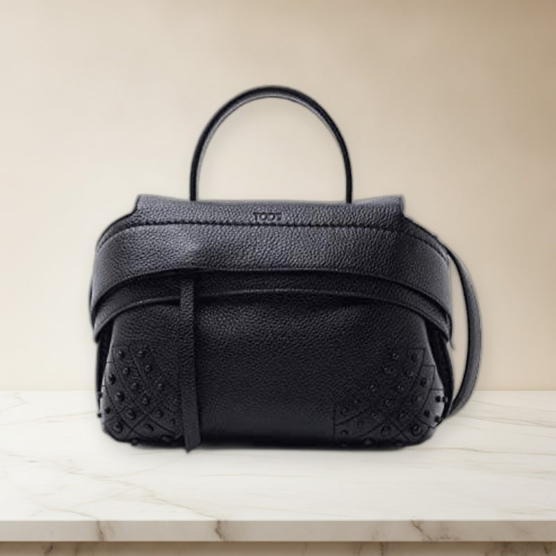 Tods Small Wave Bag Handbag Shoulder Bag Grained Leather Black