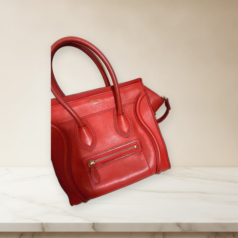 Celine Luggage Micro Shopper Handbag Leather Vermilion Red