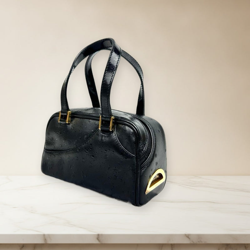 Dior Malice Pearl Handbag Ostrich Embossed Leather Black Gold Hardware