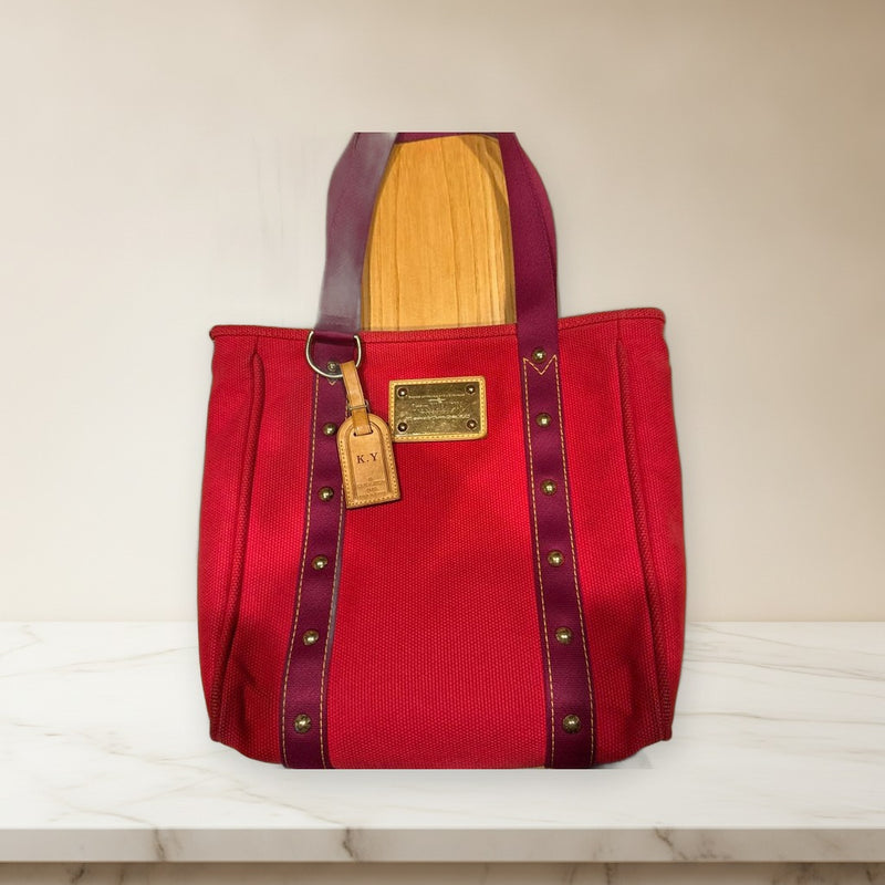 Louis Vuitton Antigua Cabas Pm SP1005 Handbag Tote Canvas Red Gold Hardware