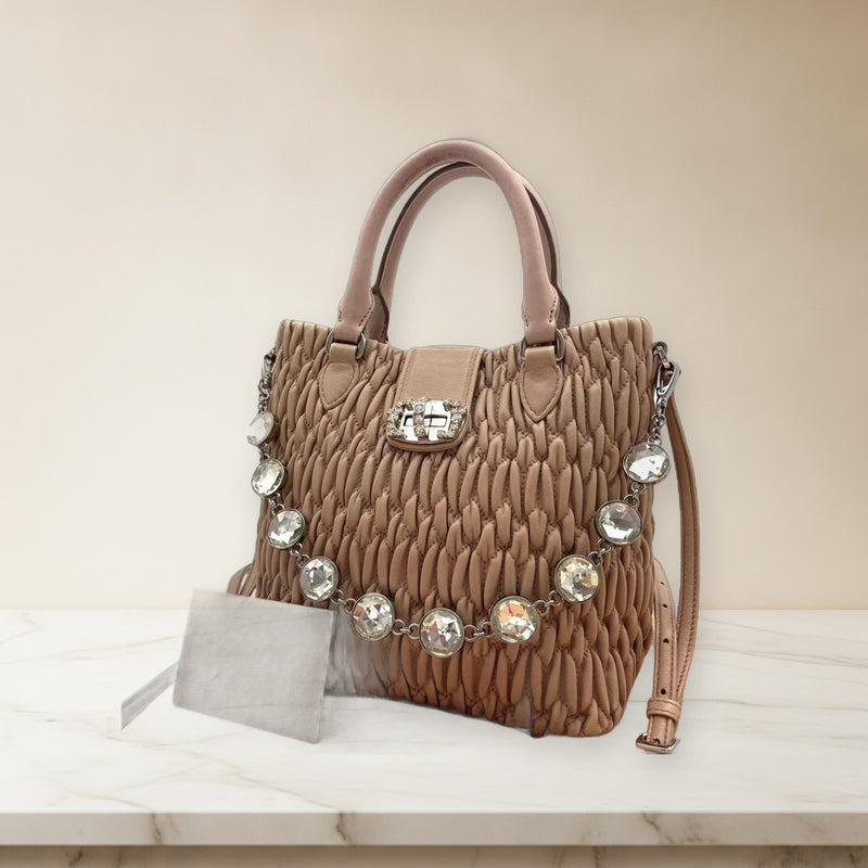 Miu Miu Nappa Crystal Matelasse 2-Way Handbag Shoulder Bag Leather Pink Beige