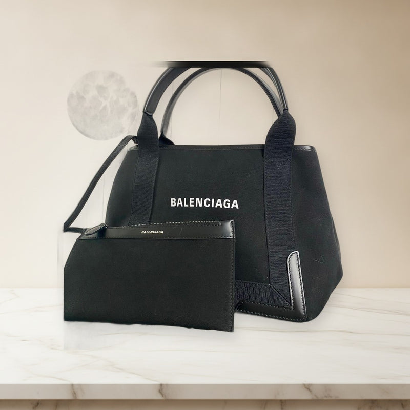 Balenciaga Navy Cabas S Tote Bag Canvas Leather Leopard Print Black