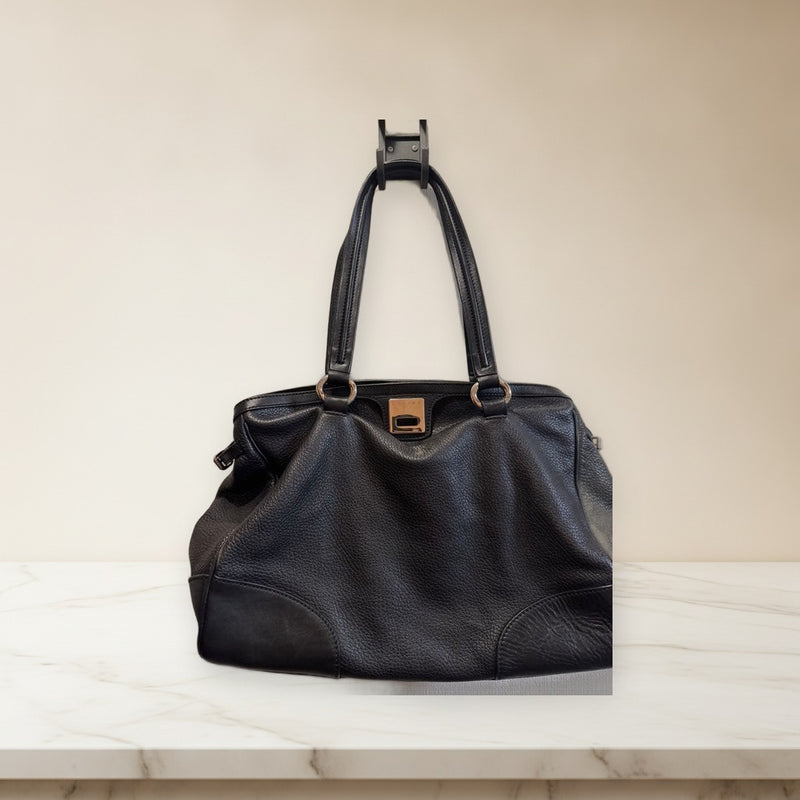 Celine Handbag Shoulder Bag Tote Black Leather Logo Plate