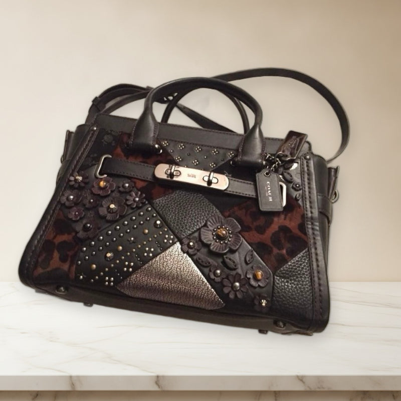 Coach Swagger 27 Satchel Handbag Dark Brown Leather Flower Studs