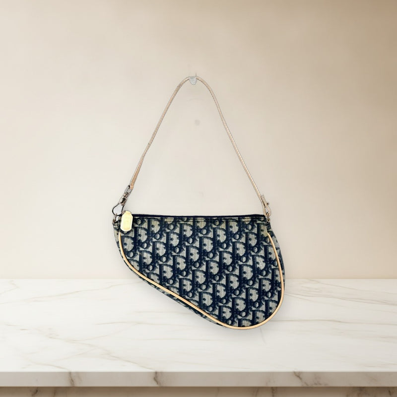 Christian Dior Trotter Saddle Pouch Handbag Blue Canvas Beige Leather Silver
