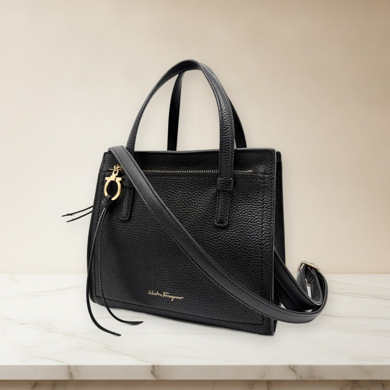 Salvatore Ferragamo Amy 21F478 714074 2WAY Bag Grained Leather Black Gold
