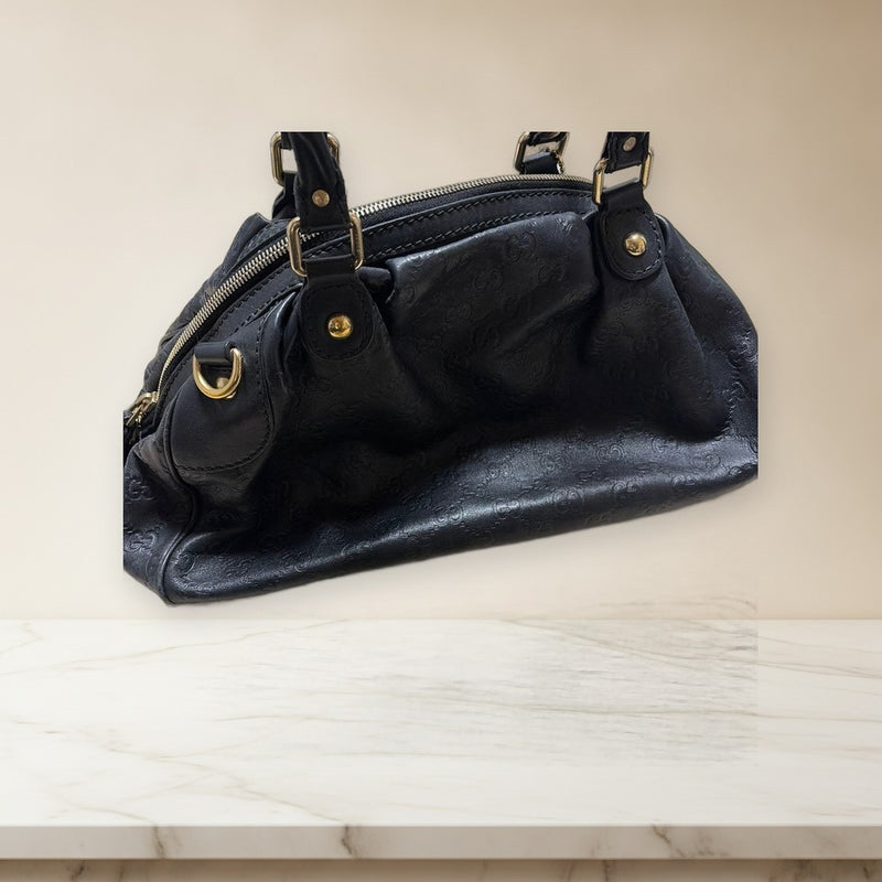 Gucci Shima Line Shoulder Bag Black Leather Handbag