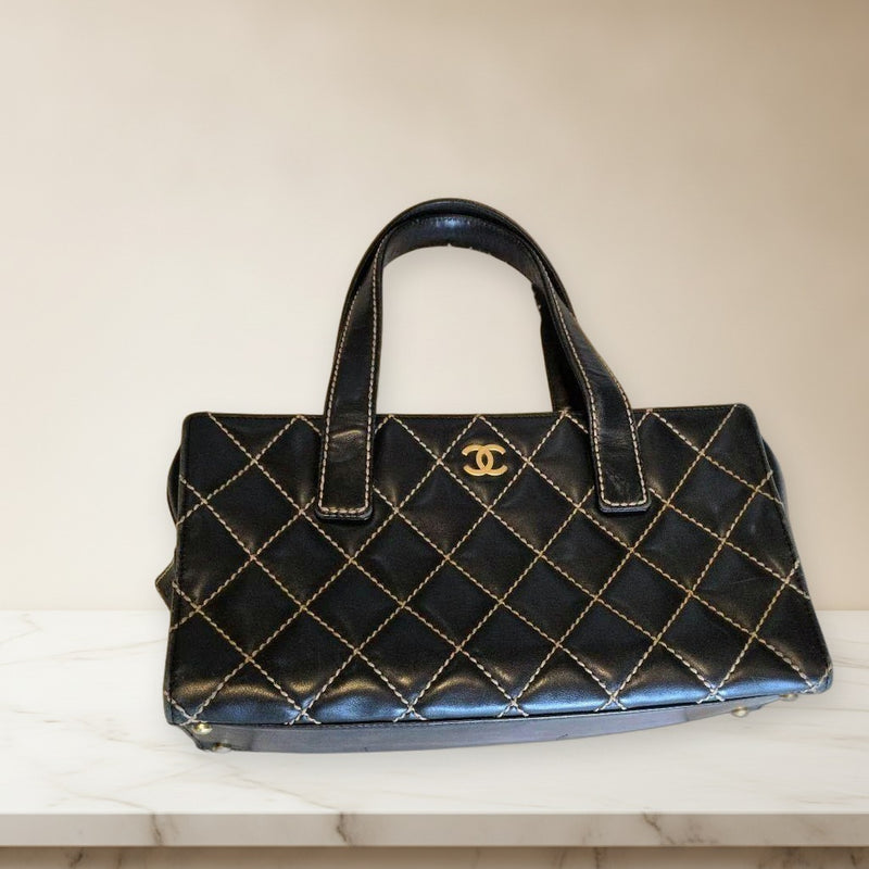 Chanel Wild Stitch Handbag Black Leather Beige Stitching Gold Hardware