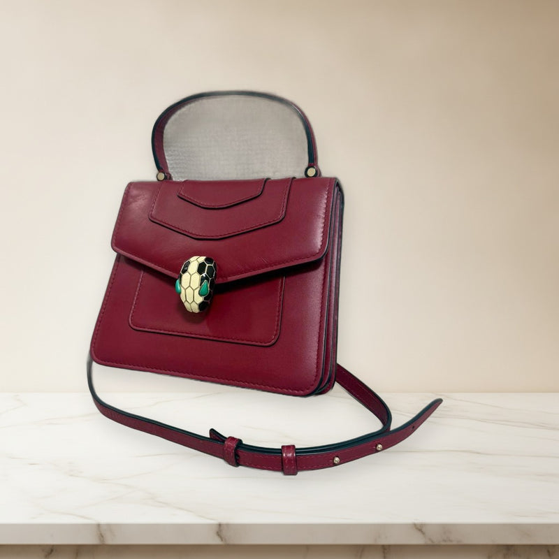 Bvlgari Serpenti Top Handle 2-Way Handbag Calf Leather Red