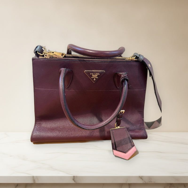 Prada Saffiano Leather Handbag Shoulder Bag Wine Red Adjustable Strap