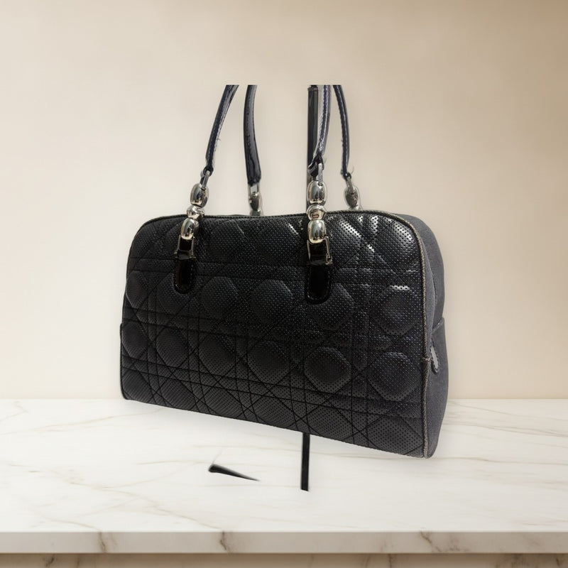 Dior Malice Pearl Handbag Boston Bag Leather Canvas Black Silver Hardware