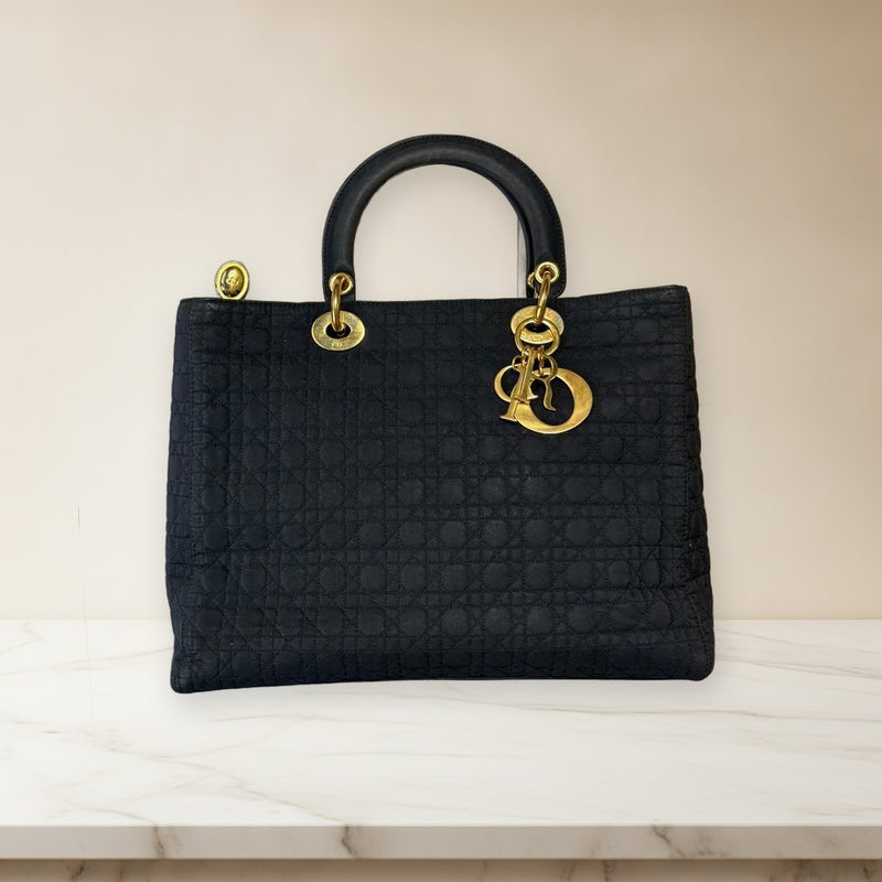 Christian Dior Lady Dior Cannage Tote Bag Black Canvas Gold Hardware