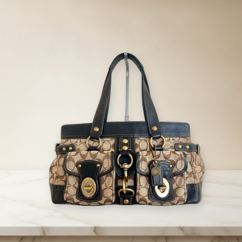 Coach Legacy Signature Satchel Handbag Canvas Leather Beige Black 65th