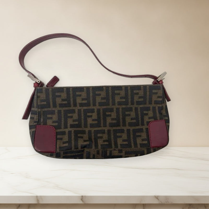 Fendi Handbag Shoulder Bag Logo Pattern Leather Brown Bordeaux
