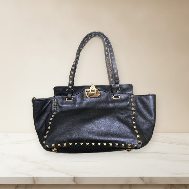 Valentino Rockstud 2-Way Shoulder Bag Handbag Cowhide Leather Black