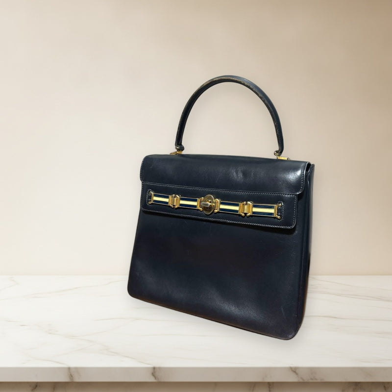 Gucci 60s Turn Lock Handbag Box Calf Leather Gold Hardware