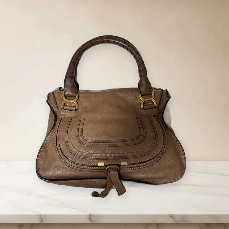 Chloe Marcie Medium Satchel Handbag Leather Brown Gold Hardware