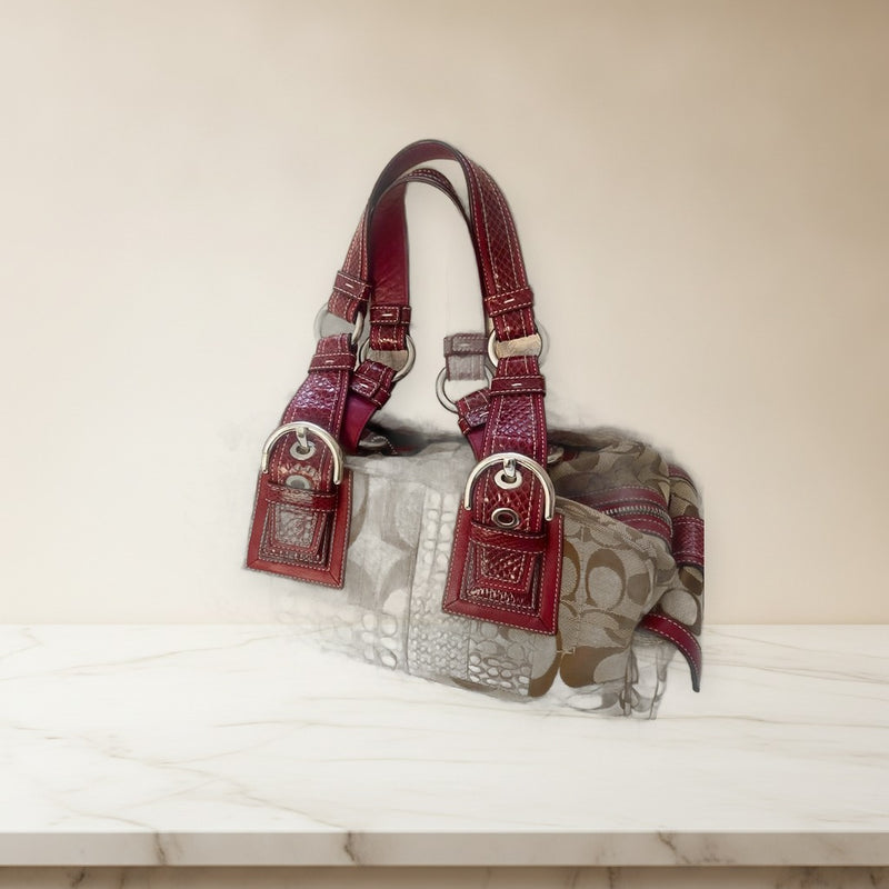 Coach Mini Boston Signature Canvas Leather 2-Way Shoulder Bag Beige Burgundy