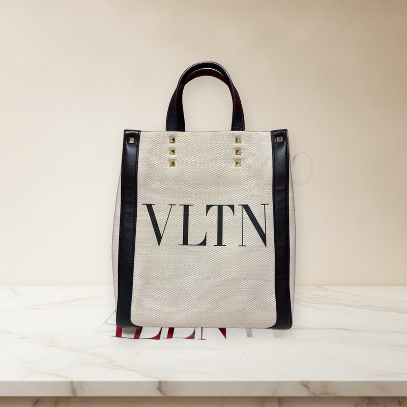 Valentino Mini Tote Bag Canvas Cowhide Black White Handbag Shoulder