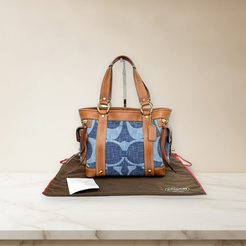 Coach Denim Tonal Signature Satchel Bag Tote Handbag Brown Indigo Turnlock