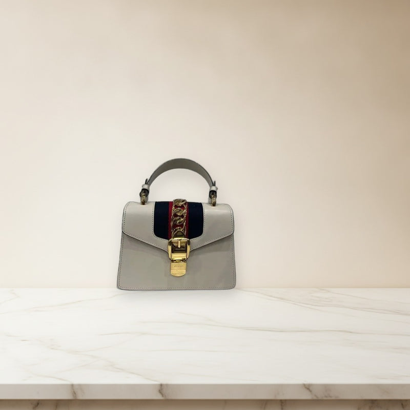 Gucci Handbag Shoulder Bag White Navy Red Leather Gold Buckle Chain Mini Small