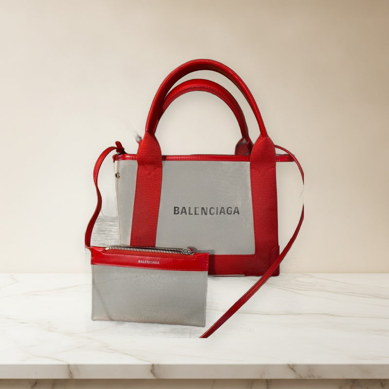 Balenciaga Navy Cabas Xs Tote Bag Canvas Leather Red Handbag