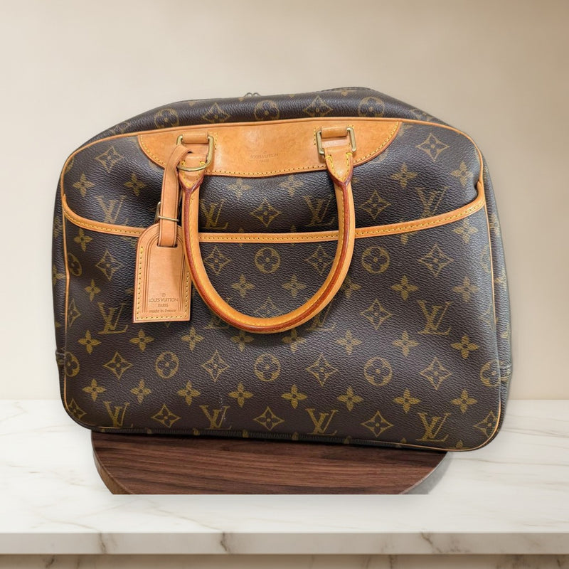 Louis Vuitton Monogram Handbag Brown Leather Beige Canvas Interior