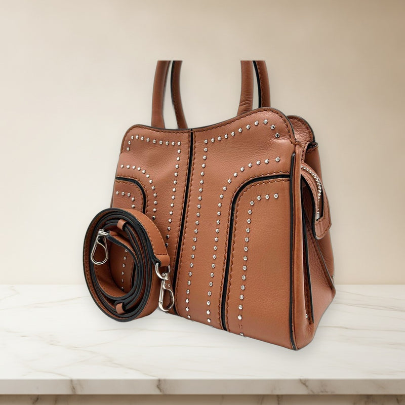 Tods Sella Studded 2way Shoulder Bag Brown Leather Silver Hardware