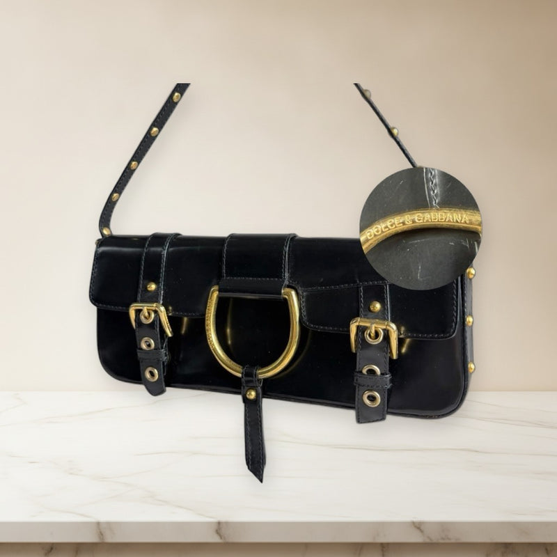 Dg Leopard Print Studded Shoulder Bag Patent Leather Black