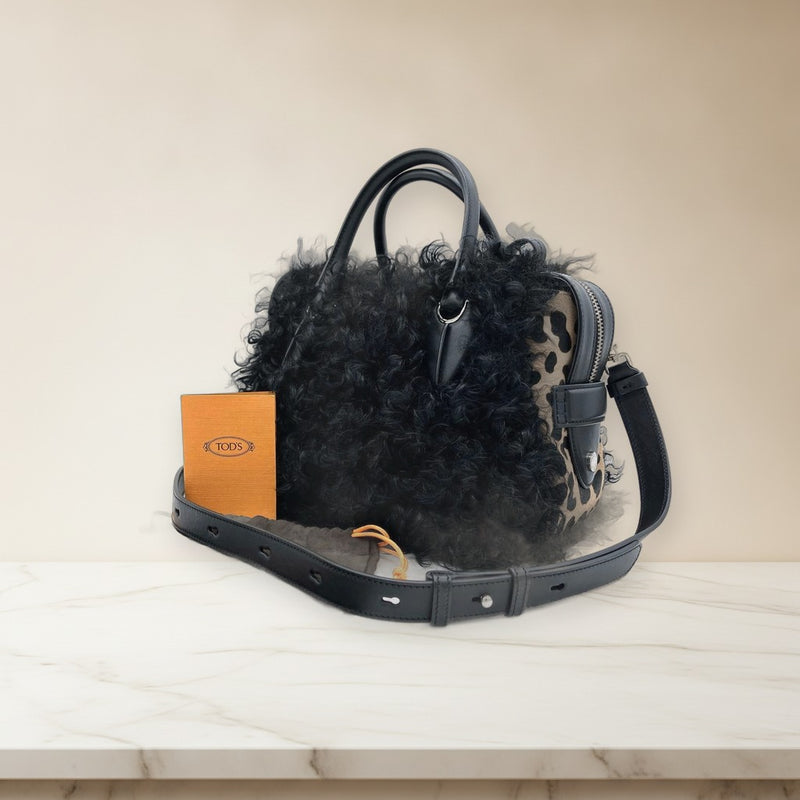 Tods D-styling 2-Way Shoulder Handbag Leopard Print Fur Leather Black