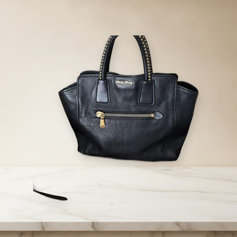 Miu Miu Logo Metal Studded 2-way Shoulder Handbag Leather Black Silver Hardware