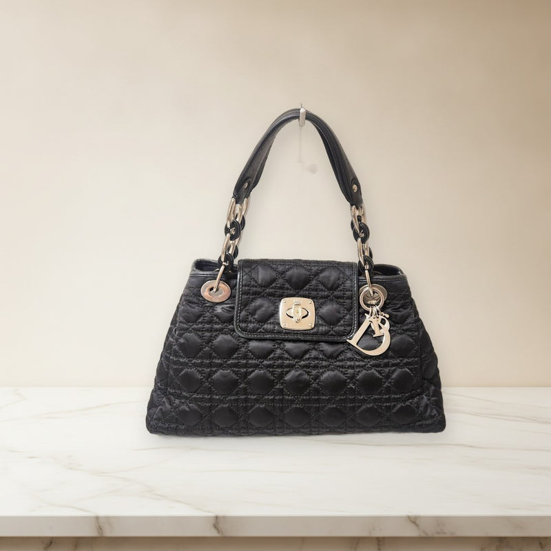Christian Dior Cannage Handbag Nylon Leather Black Silver Hardware