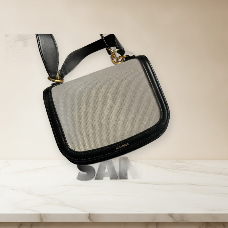 Jil Sander Shoulder Bag Canvas Leather Beige Black