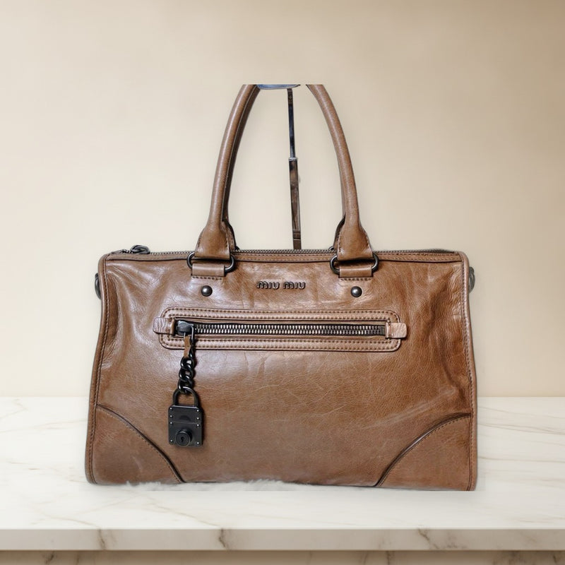 Miu Miu Vitello Shine 2 Way Bag Leather Brown Handbag