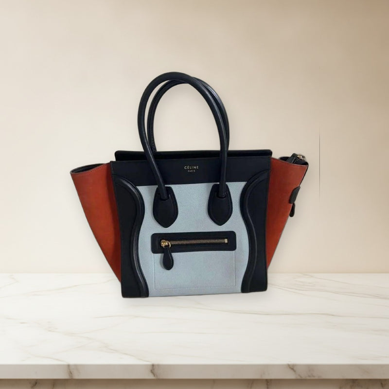 Celine Luggage Nano Handbag Milky Blue Orange Suede Leather