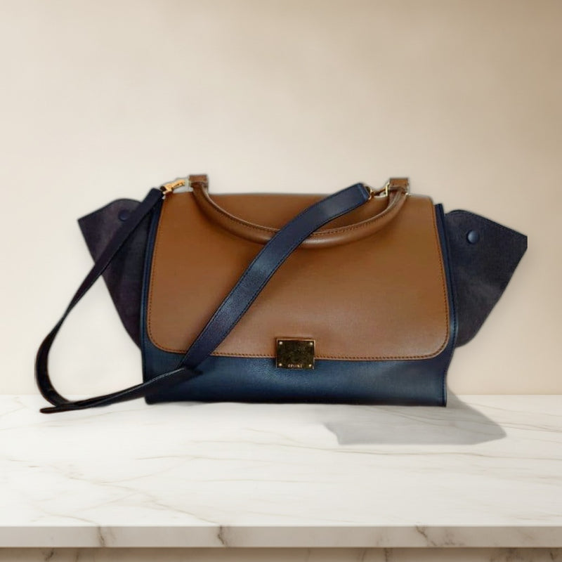 Celine Trapeze 2WAY Handbag Shoulder Bag Leather Suede Navy Brown