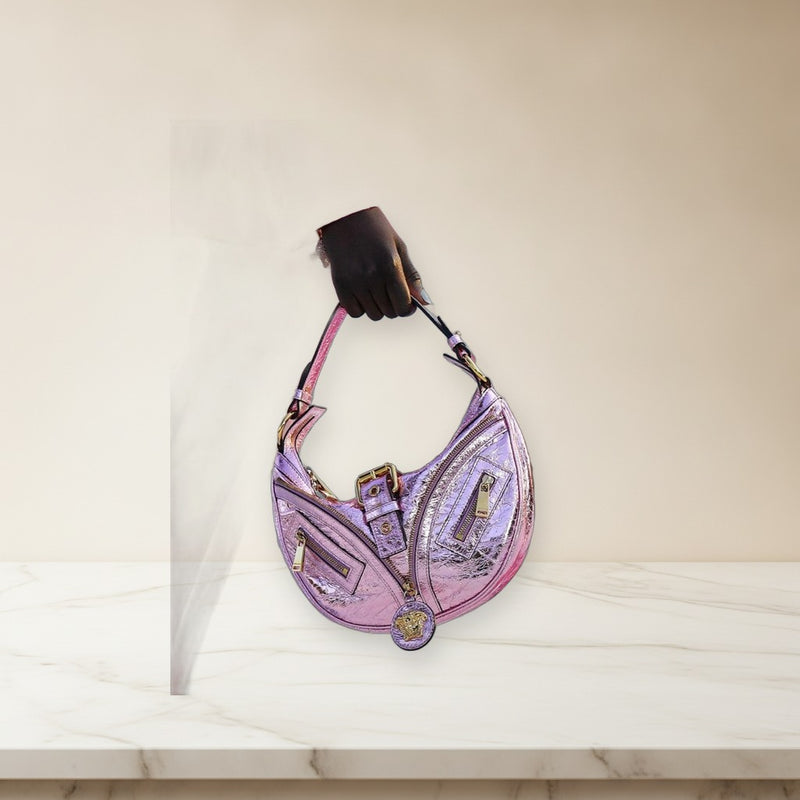 Versace Crossbody Shoulder Bag Handbag Lambskin Metallic Pink Leather