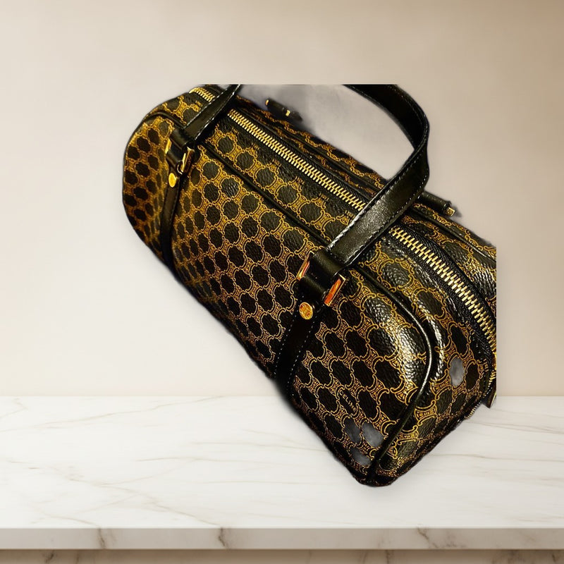 Celine Macadam Mini Boston Bag Handbag Leather Black Gold Tone Hardware